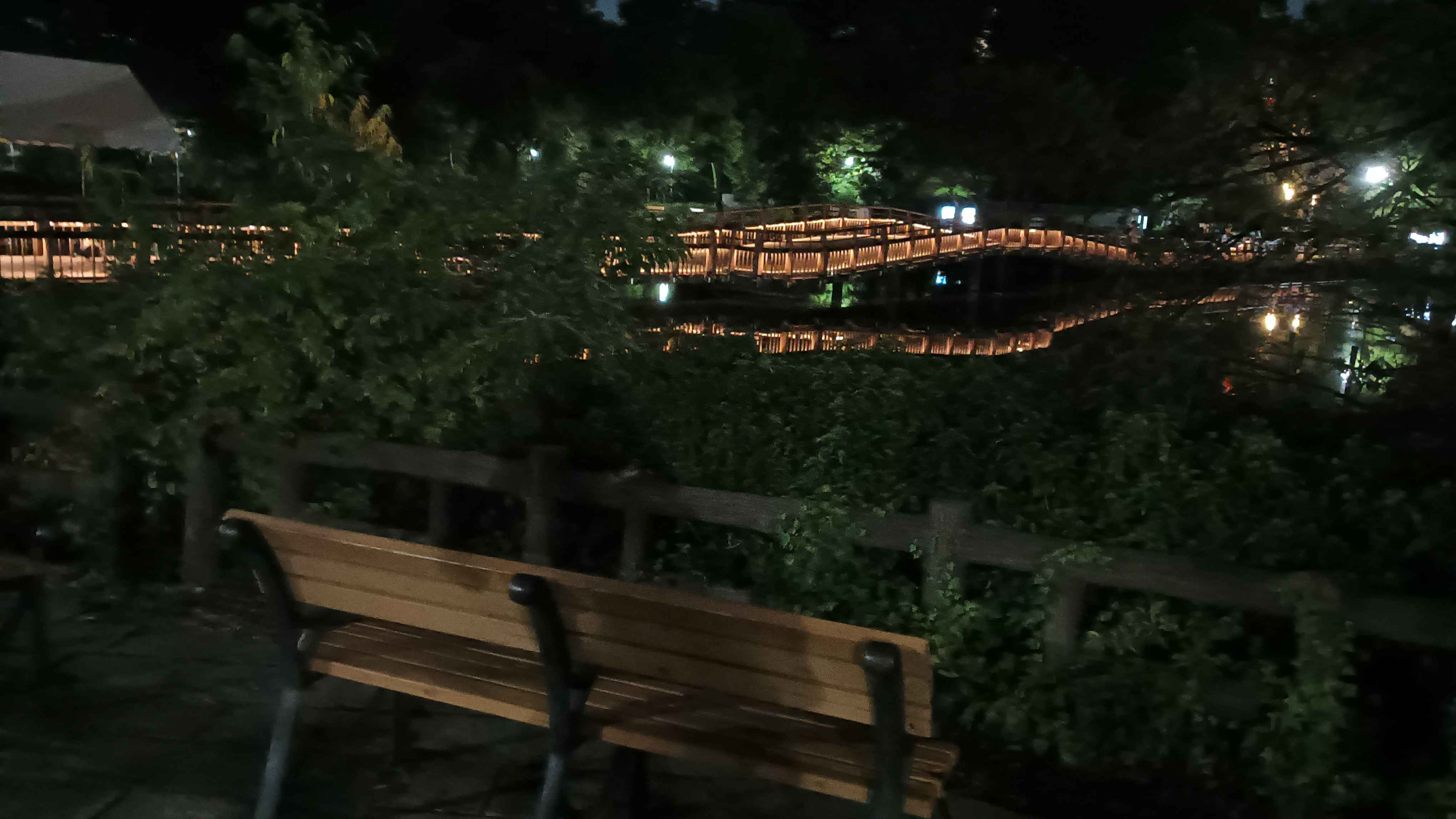 街灯に照らされた公園のベンチ